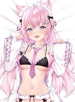 Rule 34 | 1girl, :3, absurdres, animal ear fluff, antenna hair, between breasts, black bow, black bra, blush, bow, bow garter belt, bra, braid, braided bun, breasts, coat, collar, commentary request, dakimakura (medium), detached collar, double bun, fingernails, frilled bra, frilled garter belt, frills, garter belt, hair bow, hair bun, hair intakes, hakui koyori, hands up, heart pin, hexagon hair ornament, highres, hololive, large breasts, long hair, looking at viewer, lying, maid headdress, nail polish, navel, necktie, necktie between breasts, no shirt, on back, on bed, open clothes, open coat, open mouth, pin, pink hair, pink nails, pink necktie, purple eyes, shimo (shimo332215), sleeves past wrists, smile, solo, stomach, straight-on, unbuttoned, underwear, upper body, variant set, virtual youtuber, white coat, white collar, white garter belt