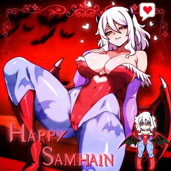 1girl animal_print bare_shoulders bat_print bat_wings black_horns black_tail blue_pantyhose blush breasts bridal_gauntlets cleavage cosplay darkstalkers demon_girl demon_horns demon_tail fujita_yoshinobu_(ksk_oda) halloween happy_halloween heart heart-shaped_pupils helltaker highleg highleg_leotard highres horns large_breasts leotard lilith_(darkstalkers) lilith_(darkstalkers)_(cosplay) looking_at_viewer modeus_(helltaker) pantyhose print_pantyhose red_eyes red_leotard ribbed_sweater smile solo sweater symbol-shaped_pupils tail white_hair wings