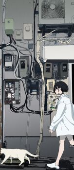 1girl black_choker black_footwear black_hair bob_cut cat choker collared_shirt condenser_unit from_side highres industrial_pipe long_sleeves looking_ahead naked_shirt original outdoors oversized_clothes oversized_shirt profile scenery shadow shirt short_hair sleeves_past_wrists solo sticker tarou2 two-tone_footwear walking white_cat white_footwear white_shirt wire