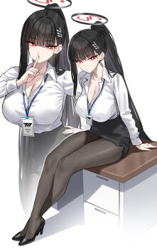 1girl absurdres alternate_costume black_pantyhose black_shoes black_skirt blue_archive breasts bright_pupils cleavage closed_mouth collared_shirt commentary finger_to_mouth full_body hair_ornament hairclip halo hand_on_own_hip high_heels highres large_breasts long_hair long_sleeves looking_at_viewer miniskirt office_lady paid_reward_available pantyhose ponytail red_eyes rio_(blue_archive) shigure_s shirt shirt_tucked_in shoes shushing sitting skirt thighs white_background white_pupils white_shirt