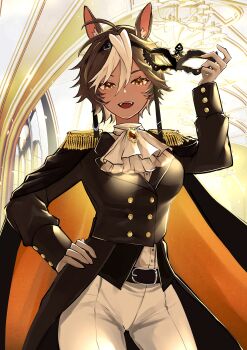 1girl absurdres ahoge amon_613 animal_ears ascot belt black_belt black_jacket breasts brown_eyes brown_hair buttons epaulettes gloves hair_between_eyes hand_on_own_hip highres holding holding_mask horse_ears horse_girl jacket mask multicolored_hair open_mouth pants second-party_source short_hair solo streaked_hair teeth tomoe_umari unworn_mask upper_teeth_only v-dere white_ascot white_gloves white_hair white_pants