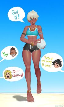 2girls ^_^ abs anklet armband armlet ball barefoot beach bikini bikini_shorts black_hair black_shorts blue_bikini blue_eyes blue_sports_bra bracelet breasts brown_hair cleavage closed_eyes commentary dark-skinned_female dark-skinned_male dark_skin dolphin_shorts elena_(street_fighter) english_commentary english_text full_body gold_anklet gold_bracelet gold_necklace grey_hair grin head_only highres jewelry ken_masters looking_at_viewer makoto_(street_fighter) medium_breasts multiple_anklets multiple_bracelets multiple_girls multiple_necklaces namnums necklace ocean one_eye_closed open_mouth sean_matsuda short_hair short_shorts shorts smile solo speech_bubble sports_bikini sports_bra standing street_fighter street_fighter_iii_(series) swimsuit toned toned_female undercut very_dark_skin volleyball volleyball_(object)