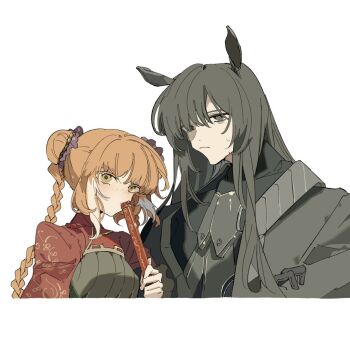 1boy 1girl animal_ears black_hair chinese_clothes closed_mouth freckles hashtag-only_commentary heishou_pack-wu_branch_(identity)_(project_moon) hongyuan_(identity)_(project_moon) horse_boy horse_ears ishmael_(project_moon) limbus_company long_hair orange_hair project_moon sidelocks tetetebi upper_body white_background yellow_eyes yi_sang_(project_moon)