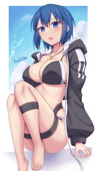 1girl bikini black_bikini black_jacket blue_eyes blue_hair blush border breasts c.i.e.l_(fate) ciel_(tsukihime) fate/grand_order fate_(series) highres jacket large_breasts mysterious_executor_c.i.e.l_(fate) short_hair solo soukitsu swimsuit tsukihime white_border