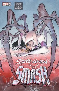 Rule 34 | 1girl, absurdres, arthropod girl, arthropod limbs, artist name, black bodysuit, black sclera, blonde hair, blue background, blue eyes, bodysuit, character name, colored sclera, comic cover, company name, copyright logo, copyright name, cover, crawling, grey eyes, gwen stacy, heterochromia, highres, hood, hood up, hooded bodysuit, horror (theme), insect girl, logo, looking at viewer, marvel, mismatched sclera, monster girl, monsterification, multicolored bodysuit, official art, parted lips, peach momoko, signature, silk, solo, spider-gwen, spider-man (series), spider-verse, spider girl, spider web, superhero costume, torn mask, white bodysuit