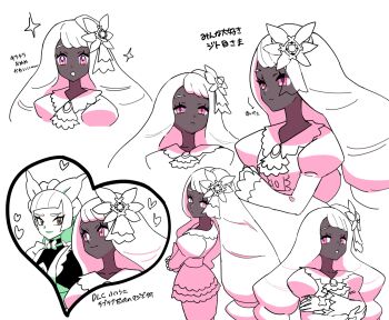 2girls artist_request closed_mouth collarbone dark-skinned_female dark_skin dress hat_ornament highres jacinthe_(pokemon) lebanne_(pokemon) looking_at_another looking_at_viewer looking_back maid maid_headdress multiple_girls nintendo pokemon pokemon_legends:_z-a puffy_sleeves purple_dress purple_eyes smile tilted_headwear translation_request