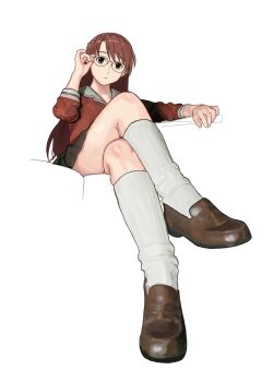 Rule 34 | 1girl, adjusting eyewear, azumanga daioh's school uniform, azumanga daiou, brown eyes, brown hair, brown shoes, brown skirt, closed mouth, commentary request, crossed legs, expressionless, foreshortening, full body, glasses, helloaite, highres, long hair, miniskirt, mizuhara koyomi, pink shirt, sailor collar, sailor shirt, school uniform, shirt, shoes, simple background, sitting, skirt, socks, solo, white background, white sailor collar, white socks, winter uniform