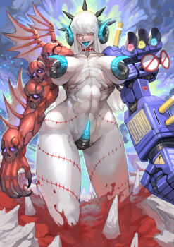 1girl :d abs absurdres blue_tongue body_markings breasts breasts_apart claws clenched_hand collarbone colored_tongue commentary_request curled_horns demon_girl fusion giant giantess groin half-closed_eyes highres horns large_breasts liquid long_hair looking_at_viewer mechanical_arms monster_girl navel nude open_mouth original outdoors paid_reward_available pale_skin sharp_teeth sidelocks single_mechanical_arm skull smile solo standing stomach sumosamo teeth thighs tongue tongue_out upper_teeth_only white_eyes white_hair