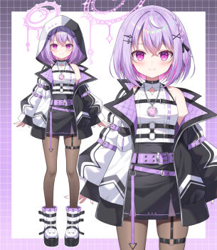 1girl bare_shoulders black_jacket black_skirt boots braid breasts brown_pantyhose character_request check_character check_copyright closed_mouth commentary_request copyright_request hair_ornament hairclip halo high-waist_skirt hood hood_up hooded_jacket jacket kurono_suzu long_sleeves looking_at_viewer mauve multicolored_hair multiple_views o-ring o-ring_thigh_strap official_art pantyhose pink_hair pocket_watch puffy_long_sleeves puffy_sleeves purple_eyes purple_hair re:act roman_numeral shirt short_hair skindentation skirt sleeveless sleeveless_shirt sleeves_past_wrists small_breasts smile streaked_hair textless_version thigh_strap two-tone_hair virtual_youtuber watch white_background white_boots white_jacket white_shirt x_hair_ornament zoom_layer