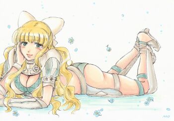 1girl arm_guards armor ass bikini_armor blonde_hair blue_eyes blue_panties bow breasts charlotte_(fire_emblem) cleavage commentary_request fire_emblem fire_emblem_fates gorget hair_bow hand_on_own_cheek hand_on_own_face large_breasts long_hair looking_at_viewer lying nintendo on_stomach panties shin_guards shoulder_armor simple_background smile solo the_pose underwear wavy_hair white_background white_bow yukito_lin