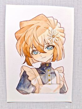 Rule 34 | 1girl, absurdres, apron, bisho imobing hito, blue eyes, border, buttons, closed mouth, commentary request, flower, haibara ai, hair between eyes, hair flower, hair ornament, highres, long sleeves, looking at viewer, meitantei conan, short hair, solo, traditional media, upper body, white apron