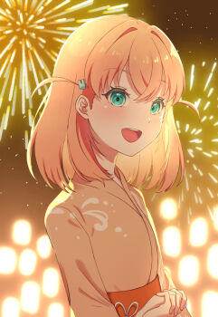 Rule 34 | 1girl, aerial fireworks, aqua eyes, commentary request, crossed bangs, fireworks, hair intakes, hair ornament, highres, hinoshita kaho, hinoshita kaho (hokkoku hanabi), japanese clothes, kimono, link! like! love live!, looking at viewer, love live!, mano 409, medium hair, night, obi, orange kimono, orange sash, outdoors, rabbit hair ornament, sash, sky, solo, star (sky), starry sky, teeth, two side up, upper body, upper teeth only, virtual youtuber
