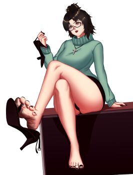 absurdres ana_xenakis anus anus_peek barefoot cross crossed_legs crucifix dirty dirty_feet feet_up greek_toe highres jewelry original ponytail pussy pussy_peek shoe_dangle shoes soles teacher toe_ring toes unworn_shoes upskirt wrinkled_feet