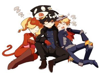 1girl 2boys amamiya_ren animal animal_on_head black_coat black_hair black_pants blonde_hair bodysuit boots breasts brown_boots cat cat_mask cat_on_head catsuit cleavage closed_eyes closed_mouth coat full_body gloves joker_(persona_5) leaning_on_person long_hair long_sleeves looking_at_another male_focus mask mask_on_head morgana_(persona_5) multiple_boys on_head one_eye_closed open_mouth panther_(persona_5) pants persona persona_5 pink_gloves red_bodysuit sakamoto_ryuuji sasibowol short_hair simple_background sitting skull_(persona_5) sleeping sleeping_on_person sleeping_upright smile takamaki_anne twintails white_background zzz