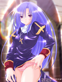 1girl 2000s_(style) adjusting_clothes adjusting_panties artist_name blurry blurry_background blush breasts clothes_lift commentary_request cowboy_shot cross cross_necklace dated_commentary dress dress_lift expressionless higuchi_norie jewelry juliet_sleeves long_hair long_sleeves looking_at_viewer medium_breasts necklace panties pink_panties priest_(ragnarok_online) puffy_sleeves purple_dress purple_eyes purple_hair ragnarok_online solo striped_clothes striped_panties underwear watermark web_address