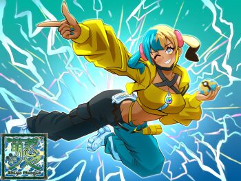 1girl aqua_background aqua_hair aqua_nails artist_name bandeau black_hair blonde_hair blue_eyes blush breasts canari_(pokemon) cleavage commentary_request cropped_jacket electricity eyelashes fingernails full_body highres holding holding_poke_ball jacket long_sleeves mask mega_stone midriff mixed-language_commentary mouth_mask multicolored_nails nail_polish navel nintendo one_eye_closed open_clothes open_jacket outstretched_arm pants poke_ball pokemon pokemon_legends:_z-a quick_ball shiya_moegin shoes smile solo split-color_clothes teeth twintails two-tone_nails two-tone_pants white_shoes yellow_bandeau yellow_jacket yellow_nails zipper