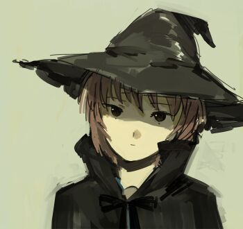 Rule 34 | 1girl, black cape, cape, green theme, hat, highres, kornod, nagato yuki, orange eyes, portrait, purple hair, solo, straight-on, suzumiya haruhi no yuuutsu, white background, wizard hat