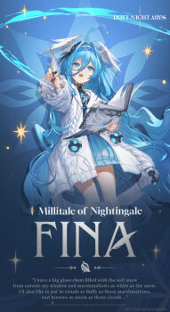 1girl ahoge blue_dress blue_eyes blue_hair blue_hairband blue_theme book character_name commentary company_name copyright_logo copyright_notice dress duet_night_abyss english_commentary english_text fina_(duet_night_abyss) hair_between_eyes hair_intakes hairband highres holding holding_book holding_quill jacket logo long_hair looking_at_viewer official_art open_book open_clothes open_jacket quill solo sparkle very_long_hair white_jacket