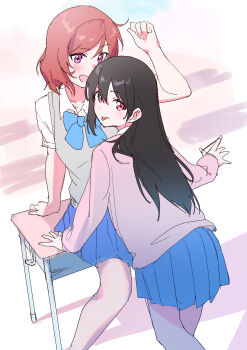 Rule 34 | 2girls, :p, absurdres, black hair, blue bow, blue bowtie, blue skirt, bow, bowtie, cardigan, closed mouth, commentary request, desk, feet out of frame, grey sweater vest, hair down, highres, inazuma (elect line), long hair, long sleeves, looking at viewer, looking back, love live!, love live! school idol project, medium hair, miniskirt, multiple girls, nishikino maki, on desk, otonokizaka school uniform, pink cardigan, pleated skirt, purple eyes, red eyes, red hair, school uniform, shirt, short sleeves, sitting, skirt, standing, summer uniform, sweater vest, tongue, tongue out, white shirt, yazawa nico, yuri