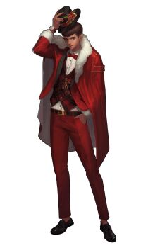 1boy absurdres artist_request black_shoes black_survival bow bowtie brown_hair coat commentary english_commentary flower fur-trimmed_coat fur_trim grey_eyes hand_in_pocket hat hat_bell hat_flower hat_tip highres official_art pants red_bow red_bowtie red_coat red_pants shoes solo standing third-party_source transparent_background vest watch william_benson wristwatch