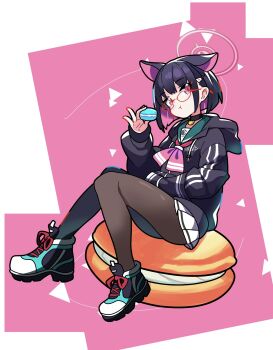 1girl animal_ears aqua_shoes bespectacled black_choker black_hair black_hoodie black_pantyhose blue_archive cat_choker cat_ears cat_girl chewing choker colored_inner_animal_ears colored_inner_hair commentary_request extra_ears food glasses green_sailor_collar hair_ornament hairclip halo highres holding holding_food hood hood_down hoodie kazusa_(blue_archive) macaron multicolored_hair neckerchief oversized_food oversized_object pantyhose pink_background pink_eyes pink_hair pink_halo pink_neckerchief pleated_skirt poipoi_v_game red-framed_eyewear round_eyewear sailor_collar shapes_background shoes sidelocks sitting sitting_on_food skirt sneakers solo trinity_general_school_logo two-tone_background two-tone_hair white_background white_skirt