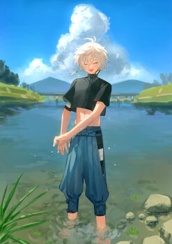 1boy absurdres ahoge alternate_costume apron black_shirt blue_pants blue_sky bridge closed_eyes commentary_request cropped_shirt earrings hanafuda_earrings highres hill jewelry male_focus matochi_(fa) mountainous_horizon murakumo_kagetsu nijisanji outdoors pants pants_rolled_up plant river rock shirt short_hair short_sleeves single_earring sky solo stomach tree virtual_youtuber wading white_apron