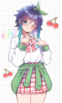 Rule 34 | 1boy, absurdres, aqua eyes, aqua hair, artist name, blue hair, bow, bowtie, braid, checkered bow, checkered bowtie, checkered clothes, checkered skirt, cherry, clothes around waist, collar, crossdressing, crossdressing (mtf), dot nose, finger heart, fingernails, food, fruit, genshin impact, gradient eyes, gradient hair, green eyes, green ribbon, grid background, hair ornament, hair ribbon, heart, heart hair ornament, highres, jacket, jacket around waist, long fingernails, long sleeves, male focus, medium hair, miniskirt, momochiwood, multicolored eyes, multicolored hair, nail polish, one eye closed, red nails, ribbon, signature, skirt, solo, streaked hair, trap, tress ribbon, twin braids, venti (genshin impact), watermark, white collar