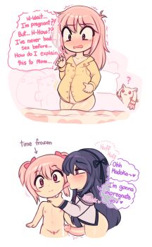 1futa 1girl 1other ? absurdres akemi_homura black_eyes black_hair blush bottomless breasts censored cleft_of_venus confused eiyuumuru english_text flat_chest futanari hair_ribbon highres imminent_rape kaname_madoka kyubey licking loli long_hair mahou_shoujo_madoka_magica messy_hair mosaic_censoring nipples nude pink_eyes pink_hair precum pregnant pregnant_loli pussy ribbon smile sound_effects speech_bubble stuffed_animal stuffed_toy sweatdrop time_stop twintails white_background