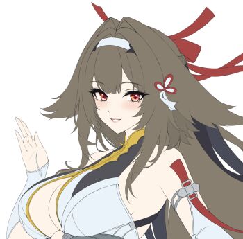 1girl brown_hair hair_intakes hairband hand_up highres long_hair looking_at_viewer parted_lips red_eyes simple_background sketch smile solo toyoman unfinished upper_body white_background white_hairband zenless_zone_zero