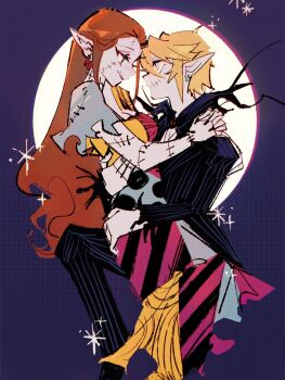1boy 1girl arms_around_neck black_nails black_suit blonde_hair breasts brown_hair cleavage closed_mouth cosplay couple dress earrings feet_out_of_frame formal_clothes full_body hair_between_eyes hetero highres jack_skellington jack_skellington_(cosplay) jewelry link long_dress long_hair looking_at_another manodemarina medium_breasts nail_polish nintendo pants patchwork_clothes patchwork_skin pinstripe_jacket pinstripe_pants pinstripe_pattern pinstripe_suit pointy_ears princess_zelda sally_(nbc) sally_(nbc)_(cosplay) scar scar_on_face short_hair short_sleeves smile sparkle suit the_legend_of_zelda the_legend_of_zelda:_twilight_princess the_nightmare_before_christmas torn_clothes torn_sleeves