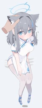 1girl absurdres alternate_breast_size_(larger) alternate_costume animal_ear_fluff animal_ears blue_archive blue_eyes blue_halo breasts china_dress chinese_clothes commentary_request dress grey_hair halo highres nui_(nuinui0300) partial_commentary shiroko_(blue_archive) thighhighs variant_set white_dress wolf_ears