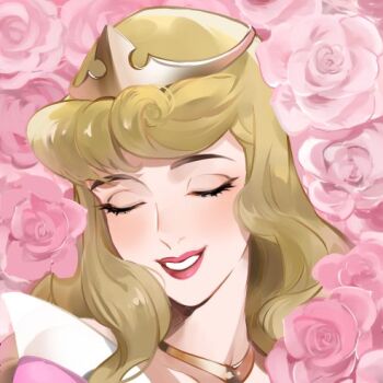 Rule 34 | 1girl, animification, ano (sbee), aurora (disney), blonde hair, dress, flower, jewelry, long hair, long sleeves, lowres, makeup, pink flower, pink rose, princess, red lips, rose, simple background, sleeping beauty (disney), smile, solo, tiara