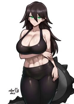1girl abs arm_under_breasts artist_name bare_arms bare_shoulders black_pants black_sports_bra breasts cleavage commentary commission cowboy_shot dragon_girl dragon_tail english_commentary frown green_eyes highres huge_breasts ko-fi_commission long_hair original pants pointy_chin pointy_ears rotomdocs signature solo sports_bra sportswear standing tail workout_clothes yoga_pants