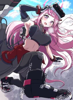 Rule 34 | 1girl, absurdres, black sports bra, blue archive, blush, commentary request, eimi (armed) (blue archive), eimi (blue archive), elbow gloves, from above, gloves, goggles, halo, hand on own head, head-mounted display, highres, kneeling, lobstrater64, long hair, official alternate costume, open mouth, pink hair, pink halo, single elbow glove, solo, sports bra, visor lift