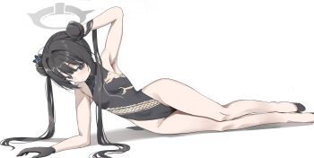 1girl absurdres arm_up armpits bare_arms bare_legs black_dress black_gloves black_hair black_shoes blue_archive blush breasts butterfly_hair_ornament china_dress chinese_clothes closed_mouth double_bun dragon_print dress flats full_body gloves grey_eyes grey_halo groin hair_bun hair_lift hair_ornament hair_spread_out halo highres kisaki_(blue_archive) legs long_hair looking_at_viewer lying on_side pelvic_curtain print_dress scarlet_(wv0102) shadow shoes side_slit sidelocks simple_background sleeveless sleeveless_dress small_breasts solo twintails very_long_hair white_background