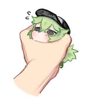 1boy 1other baseball_cap commentary crossed_bangs double-parted_bangs english_commentary flying_sweatdrops green_hair grey_eyes hat male_focus mini_person miniboy n_(pokemon) n_h0lic nintendo pokemon pokemon_bw ponytail pov pov_hands simple_background solo_focus white_background