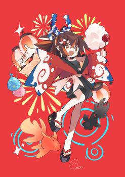 1girl absurdres aida_(aidia) black_shorts brown_eyes brown_hair candy_apple commentary_request cotton_candy dithering fish flying_fish food full_body goldfish highres holding holding_cotton_candy holding_food japanese_clothes kimono lantern long_sleeves medium_hair nail_polish okobo open_mouth original outstretched_arms paper_lantern pinwheel_hair_ornament platform_sandals ponytail red_background red_kimono red_nails ripples rope sandals sarashi shimenawa shorts smile solo spread_arms telescope_goldfish toenail_polish toenails water_yoyo wide_sleeves