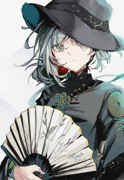 Rule 34 | 1girl, alternate costume, black hat, black shirt, commentary request, fedora, folded fan, folding fan, grey eyes, grey hair, hand fan, hat, hat over one eye, holding, holding fan, jacknavy, looking at viewer, one eye covered, reverse:1999, shirt, short hair, solo, upper body, vertin (reverse:1999), white background