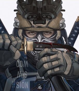 1boy bags_under_eyes blood bloody_weapon brown_eyes call_of_duty commission covered_face gloves hand_up helmet highres hiro_watanabe holding holding_knife knife looking_at_viewer male_focus mask seencrow solo sword sword_on_back translation_request upper_body weapon weapon_on_back
