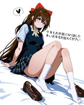 absurdres blue_eyes blue_shirt blush breasts brown_hair commentary_request dress highres loafers long_hair looking_at_viewer love_live! love_live!_nijigasaki_high_school_idol_club no_shoes osaka_shizuku plaid_clothes plaid_skirt pleated_dress red_ribbon ribbon shirt shoes short_sleeves skirt small_breasts smile socks translation_request very_long_hair vest white_socks zaofeng