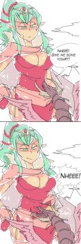 2koma breasts cleavage comic davewaterfalls dragon_girl fire_emblem fire_emblem_awakening green_eyes green_hair grima_(fire_emblem) hand_on_own_hip nintendo pointy_ears ponytail pout slapping speech_bubble sweat tiara tiki_(adult)_(fire_emblem) tiki_(fire_emblem)