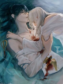 2boys absurdres bare_shoulders bird black_hair blood blood_on_clothes blood_on_scissors boy_on_top bu_ye chinese_commentary closed_eyes collarbone covered_mouth hair_between_eyes hair_down hand_on_another's_arm highres hua_yi_shanxin_zhiyue lips long_hair long_sleeves looking_at_another lying male_focus mole mole_on_cheek multiple_boys off_shoulder on_back parted_lips partially_submerged profile robe scissors shallow_water shirt upper_body water wet wet_clothes wet_shirt white_hair white_robe wuliaodehuaji xie_xingyi yaoi