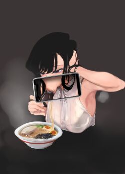 1boy 1girl :>= armpits black_hair breasts cellphone censored chopsticks dark-skinned_male dark_skin eating egg fellatio food hetero highres interracial komi-san_wa_komyushou_desu komi_shouko large_breasts long_hair mamimi_(mamamimi) meat noodles oral penis phone photo_(object) photo_comparison purple_eyes ramen sleeveless smartphone solo stray_pubic_hair
