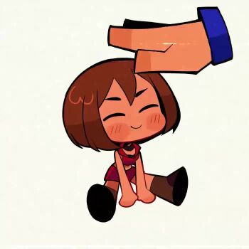 >_< 1boy 1girl :< :3 :o animated app_filter audible_music blush boots brown_boots brown_eyes brown_hair brown_skirt chibi chibi_only closed_eyes closed_mouth crop_top disembodied_hand headpat jacket kaito_(vocaloid) meiko_(vocaloid) open_mouth rainelyn00 red_jacket short_hair simple_background sitting skirt smile solo_focus sound tagme video vocaloid white_background