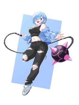1girl :d alternate_costume ball_and_chain_(weapon) bare_shoulders black_pants blue_eyes blue_hair blue_jacket blush breasts casual chain contemporary crop_top denim eyes_visible_through_hair full_body hair_ornament hair_over_one_eye highres holding holding_weapon hood jacket jeans large_breasts long_sleeves looking_at_viewer miarin141 midriff navel off_shoulder open_clothes open_jacket open_mouth pants re:zero_kara_hajimeru_isekai_seikatsu rem_(re:zero) shoes short_hair signature simple_background smile sneakers solo spiked_ball_and_chain stomach tank_top teeth torn_clothes torn_pants upper_teeth_only weapon white_background x_hair_ornament