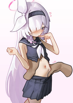 1girl black_eyes black_hairband black_sailor_collar black_serafuku black_shirt black_skirt blue_archive blush braid finger_to_mouth flying_sweatdrops hair_over_one_eye hair_ribbon hairband halo highres kani_fish long_hair navel neckerchief pink_halo plana_(blue_archive) pleated_skirt red_pupils ribbon sailor_collar school_uniform serafuku shirt side_braid simple_background single_braid skirt sleeveless sleeveless_shirt solo_focus stomach torso_grab very_long_hair white_background white_hair white_neckerchief white_ribbon
