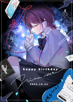 Rule 34 | 1girl, absurdres, blue bow, blue bowtie, blue shirt, blush, bow, bowtie, brown hair, cd case, closed eyes, closed mouth, commentary, electric guitar, girls band cry, guitar, hamchan69, highres, inset border, instrument, iseri nina, kneehighs, long sleeves, low twintails, school uniform, shirt, short hair, short twintails, socks, solo, string, string of fate, twintails, white socks