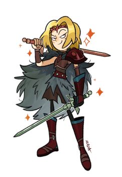 1girl akada amphibia arm_guards armor artist_name blonde_hair boots cape commentary dual_wielding facial_scar fur-trimmed_pants fur_cape fur_trim gloves highres holding long_hair mole mole_under_eye pants pauldrons sasha_waybright scar scar_on_cheek scar_on_face shoulder_armor single_glove single_pauldron sparkle sword symbol-only_commentary tiara weapon