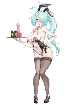 1girl animal_ear_hairband animal_ears aqua_eyes aqua_hair bare_shoulders black_shoes black_thighhighs blue_archive commentary_request condom_box covered_erect_nipples detached_collar dildo dusu_(htkj) fake_animal_ears fake_tail full_body gloves hair_ornament hair_over_one_eye hairband hairclip halo heart_maebari heart_pasties high_heels highres hiyori_(blue_archive) holding holding_tray leotard long_hair maebari nontraditional_playboy_bunny pasties playboy_bunny rabbit_ear_hairband rabbit_ears see-through_clothes see-through_leotard sex_toy shoes side_ponytail simple_background solo strapless strapless_leotard tail thighhighs translucent_bunnysuit tray white_background white_gloves