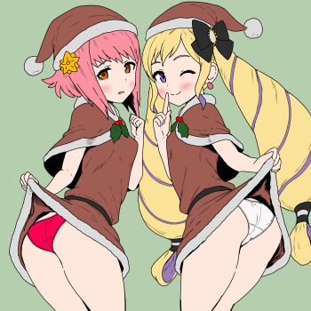 2girls alternate_costume ass blonde_hair blush bow butt_crack_outline clothes_lift dress dress_lift elise_(fire_emblem) finger_to_mouth fire_emblem fire_emblem_fates flower fur_trim hair_bow hair_flower hair_ornament hat looking_back mistletoe multicolored_hair multiple_girls nemonemonerune nintendo one_eye_closed panties pink_eyes pink_hair purple_eyes purple_hair sakura_(fire_emblem) santa_costume santa_dress santa_hat short_hair simple_background twintails two-tone_hair underwear wink